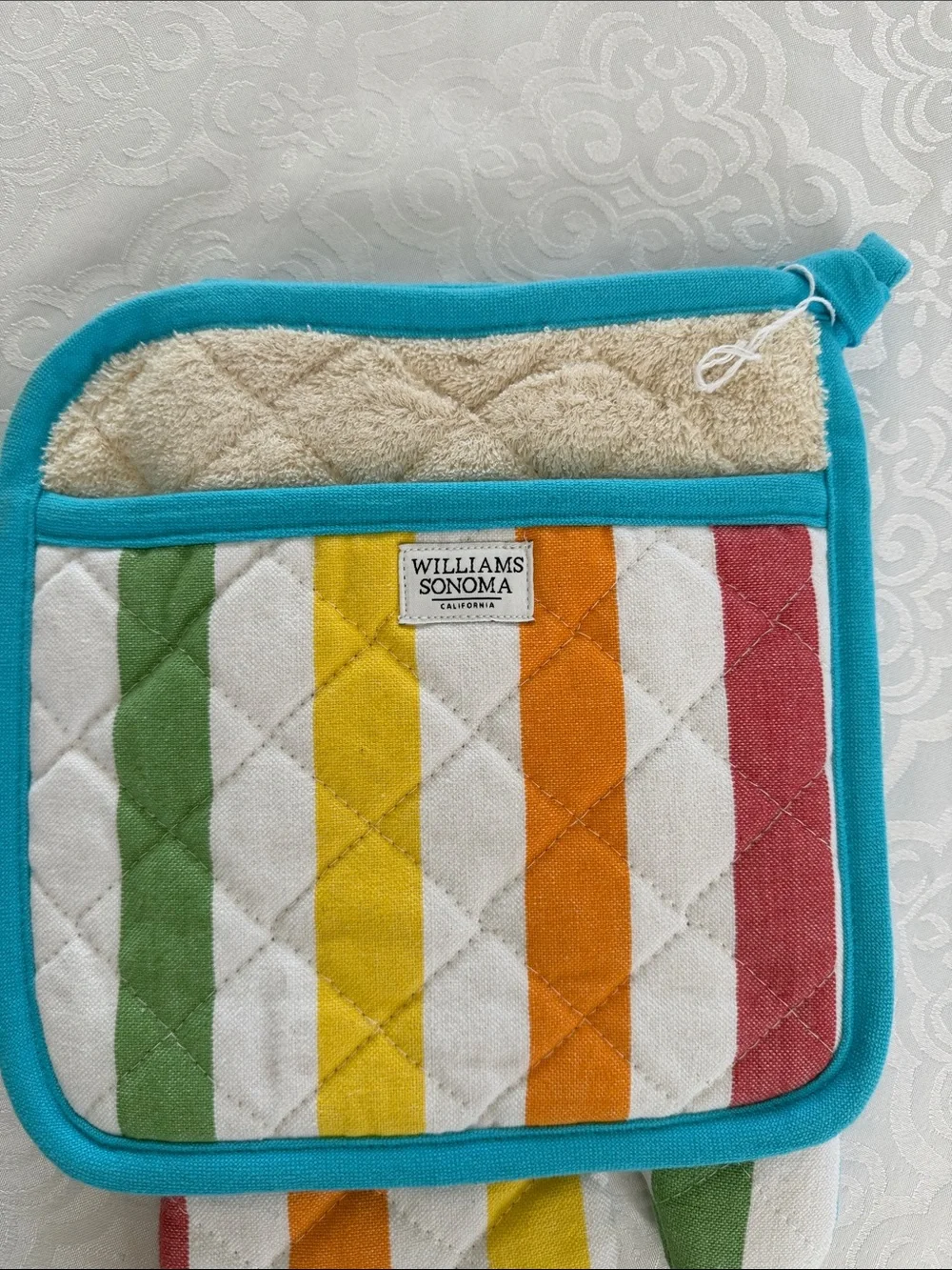 Williams Sonoma Striped Oven Mitt and Pot Holder Set in Teal Trim